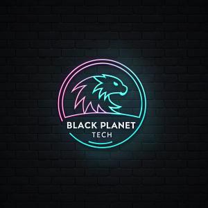 Modern logo design for Black Planet Tech. Futuristic creature with neon lines against a dark background.