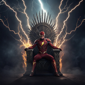 Wally West, aka The Flash, posing heroically. Sitting on a majestic throne with lightning bolts surrounding him. Dark and dramatic background filled with electrifying energy. Digital artwork.