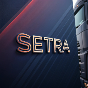 The SETRA logo, a sleek and modern design with bold, angular typography. Shimmering on a gradient background of deep navy to black.