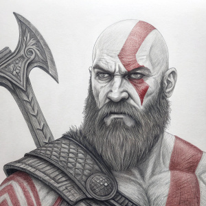 Kratos, the Spartan warrior from God of War, in a graphite pencil sketch. Red tattoos on his face. Simple white background