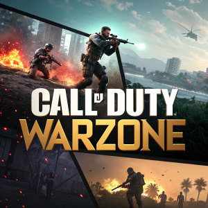 Promotional poster for Call of Duty: Warzone. Dark background with vibrant gameplay screenshots and dynamic text in bold black.