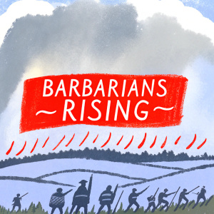 Homepage of a streaming service featuring 'Barbarians Rising' promo. Dark background, vibrant visuals.