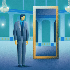 Aaron Tveit, as Gareth Ritter, standing alone in an elegant hall. Grey suit, blue shirt, dark tie. Serious expression. Reflection in the mirror.