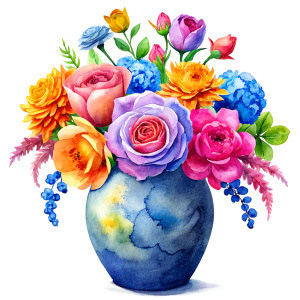 watercolor . rose pink cala , coral pink daffodil ,yellow roses ,orange  Damarions, punch pink Common Crape Myrtle , royal blue Ranunculus viburnum , stone blue wax flower ,ruby pink dandelion ,salmon pink geranium, violet , a big stone blue Chineese  traditional decorated Vase on a white wall, watercolorWatercolor image ,orange bluebell flowerose pink daffodil ,pale roses pink Damarions,pink Ranunculus viburnum ,rose pink wax flower ,ruby pink dandelion ,calla , pink geranium,green Bougainville