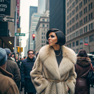 Kourtney Kardashian strolling down a bustling New York City street, wearing a stylish fur coat and a chic bob haircut. Surrounded by city crowds.