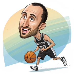 Caricature illustration of Manu Ginobili, former NBA player, in a whimsical digital art style.