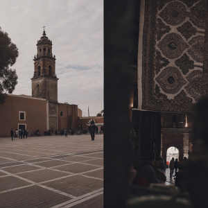 A vibrant collage of Tlaxcala, Mexico. Scenes include a bustling urban square, an old church tower, and a beautifully patterned carpet. The images are set against a rustic brick wall backdrop.