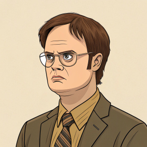 Digital illustration of Dwight Schrute. Cartoon style, stern expression, brown hair, prominent forehead. Simple beige background.