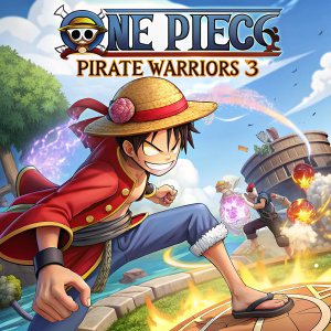 Screenshot from One Piece: Pirate Warriors 3. Luffy, the protagonist, in battle pose. Wearing iconic red hat and straw hat. Dynamic 3D environment. Text overlay highlights unpredictable gameplay.