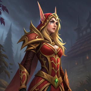 Digital art of Valeera Sanguinar from Heroes of the Storm. She has blonde hair, pointed ears, and stands confidently. Her outfit is detailed with reds and golds. Dark fantasy background.