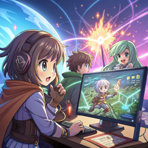 An illustrated scene from the RPG Maker game featuring anime-style characters. The text discusses the game's design and gameplay mechanics. Set against a vibrant, digital background.