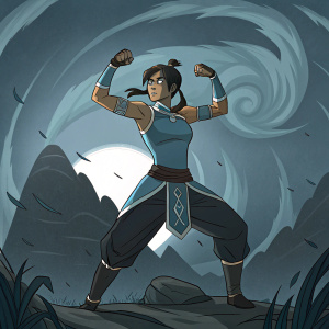 Korra, the strong Avatar character, flexing her muscles in a fierce pose. Dark, moody background