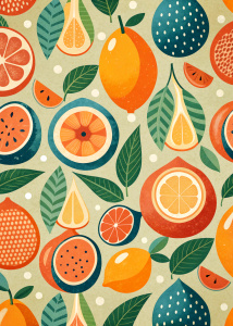 minimalist graphic pattern of fruits, using simple shapes, Modern Ukiyo-e style woodcut, maximise the negative space, vivid pastels