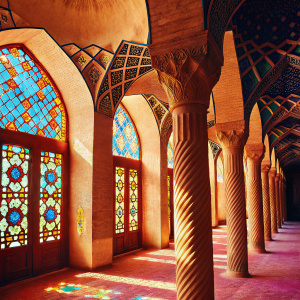 Inside Nasir Al-Mulk Mosque in Shiraz, Iran. Stained glass windows fill the interior with a vibrant rainbow of hues. Ornate columns and earthy tones create a warm, inviting atmosphere. Realistic photo