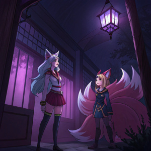 Digital illustration featuring League of Legends characters Academy Ahri and Sona. Dark, moody room with purple shadows as backdrop.