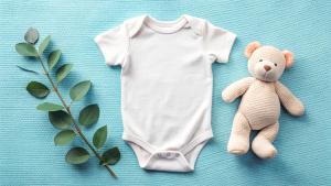 White cotton baby short sleeve bodysuit, toy teddy bear and eucalyptus branch on white ivory blanket throw background. Blank infant onesie mockup template. Top view