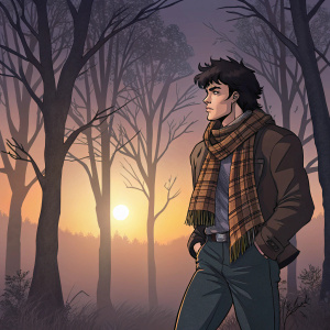 Joseph Joestar from JoJo's Bizarre Adventure, with dark hair and tartan scarf. Standing in front of a spooky forest at sunset.