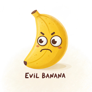 Angry banana emoticon in the center. Frowning face with text below 'Evil Banana'. White background.