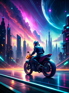 Big motorcycle at super speed in a city at night. Dark background with stars