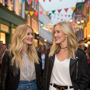 Rosie Huntington-Whiteley and Ellie Goulding at the opening night of a trendy new boutique. Casual chic outfits, smiling and chatting in a crowded street festival.