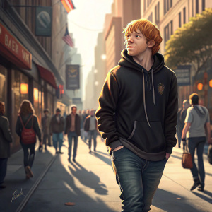 Rupert Grint walking through a bustling city street during a sunny day, wearing a black hoodie and jeans.