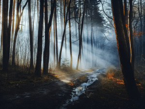 In the early morning, mist drifts through the mountain valley, while sunlight softly illuminates the earth. The air smells of fresh grass and soil, and tall pines sway gently in the breeze. A stream flows quietly in the distance, with the occasional bird flying by. At the foot of the mountain, smoke rises from village rooftops, and a winding path leads into the day. The scene feels peaceful, as if time slows down, wrapped in the warmth of the morning light.