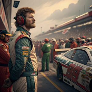 Dale Earnhardt Jr., intense stare, standing beside racing car. Background: crowded pit stop