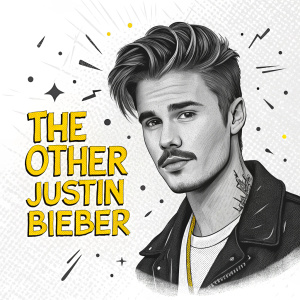 Illustration of Justin Bieber, sporting a moustache. Graphic overlay and scattered lines around his face. Modern, edgy design style with the text 'THE OTHER Justin Bieber' prominently displayed.