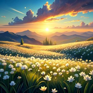 Vintage Old, Spring Meadow with small white Flowers with the Sunrise in the background. Photo Realistic