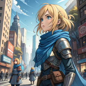Digital art featuring a youthful anime girl. Blonde hair, blue scarf, and armor. Varied poses and angles against a vibrant cityscape background.