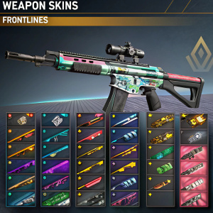 A detailed screenshot showcasing a variety of weapon skins in Rainbow Six Siege. Organized in a grid layout, the display features vibrant colors and futuristic designs. The layout includes a section labeled 'Weapon Skins' and 'Frontlines' at the top. The right side highlights a large, detailed rifle with sleek features.