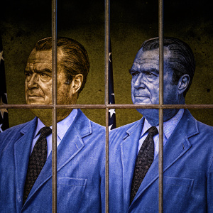 Illustrated timeline of Richard Nixon's presidency, from 1969 to 1972. Detailed depiction of Nixon's face integrated within a grid layout.