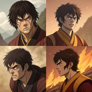Illustration of Zuko from Avatar: The Last Airbender. Various dynamic poses and facial expressions. Earth tones and warm colors