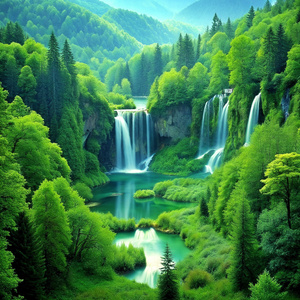 Lush green forest with a hidden waterfall.
