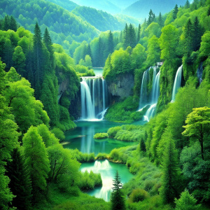 Lush green forest with a hidden waterfall.
