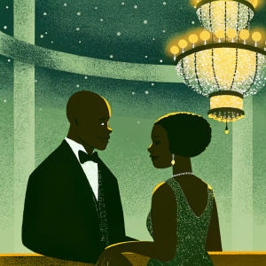 Antonio LA Reid and Erica Reid at a music industry gala. Antonio in a black tuxedo. Erica with elegant updo. Intimate conversation by an ornate chandelier.