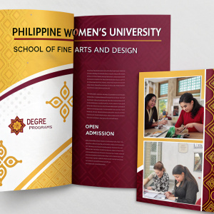 Philippine Women's University School of Fine Arts and Design brochure featuring vibrant maroon and gold colors. Depicts degree programs, open admission, and the school's vision through engaging visuals and text.