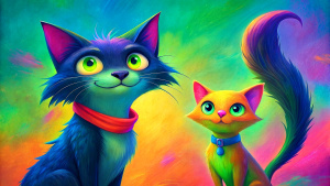 A cartoonish skinny hairy feral cat and dog, looking each other with big round eyes, black ears and light brown fur.
they wears a red and blue scarf with white polka dots tied around his neck.
Their eyes are very expressive, giving a friendly and curious feeling.
The visible texture suggests that the work is painted on old wood background.
It is a very colorful and cheerful artistic painting