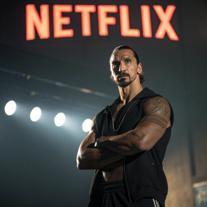 Zlatan Ibrahimovic, standing confidently in front of a dimly lit backdrop. Netflix logo and documentary title prominently displayed. Dramatic pose with fierce expression