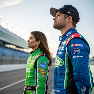 Danica Patrick and Ricky Stenhouse Jr., NASCAR drivers, standing outdoors at a racetrack. Both in racing gear with visible sponsor logos. Danica's uniform is green, Ricky's is blue. They are focused and engaged.