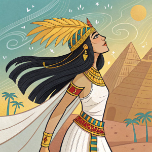 Digital illustration of Suzuka Gozen, inspired by Egyptian mythology. Long dark hair, detailed headdress, and traditional Egyptian attire. Vibrant, fantastical style with rich colors. Background features ancient Egyptian elements in golden hues and structures. Dynamic pose.