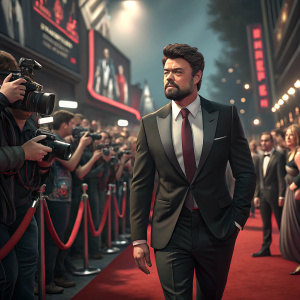Karl Urban attending a high-profile movie premiere. Walking on red carpet amidst flashing cameras and fans.