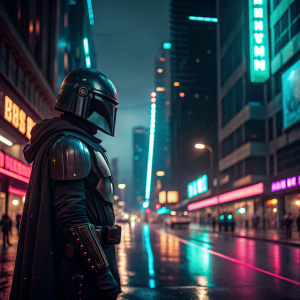 Boba Fett standing on a bustling city street at night. Wears black armor and helmet. Surrounded by neon lights and futuristic architecture.