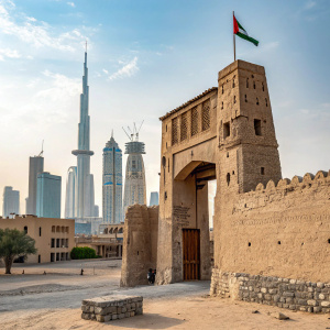 In the bustling city of Dubai, an old fortress stands tall. Surrounded by modern skyscrapers, this ancient structure features twin towers and an archway made of weathered stone, symbolizing the rich history of the UAE.