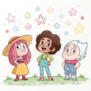 A whimsical hand-drawn sketch featuring Steven Universe characters. Simple and cartoon-like, with various colors and styles. Each character has a distinct appearance and pose, set in a flat illustration with sketch-like quality, using vibrant colors.