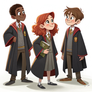 Digital art depicting characters from Hogwarts Mystery game. A young boy with brown skin and a girl with red hair. A friendly boy with brown hair. Plain white background.
