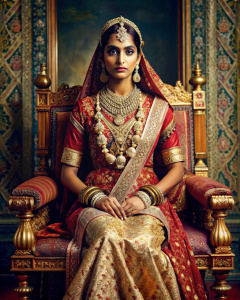 An indian 20-25 year old queen is sitting on the throne with the rich indian dress 