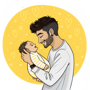 Digital illustration: Zayn Malik with baby. Bright yellow background. Cartoon style. Emphasis on emotional bond.