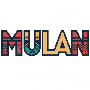 Modern graphic logo featuring 'Mulan' in a bold, colorful font. Dark and accent colors create contrast on a plain white background.