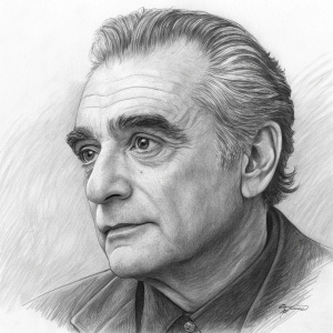 Close-up pencil sketch of Martin Scorsese. Detailed shading in greyscale tones.